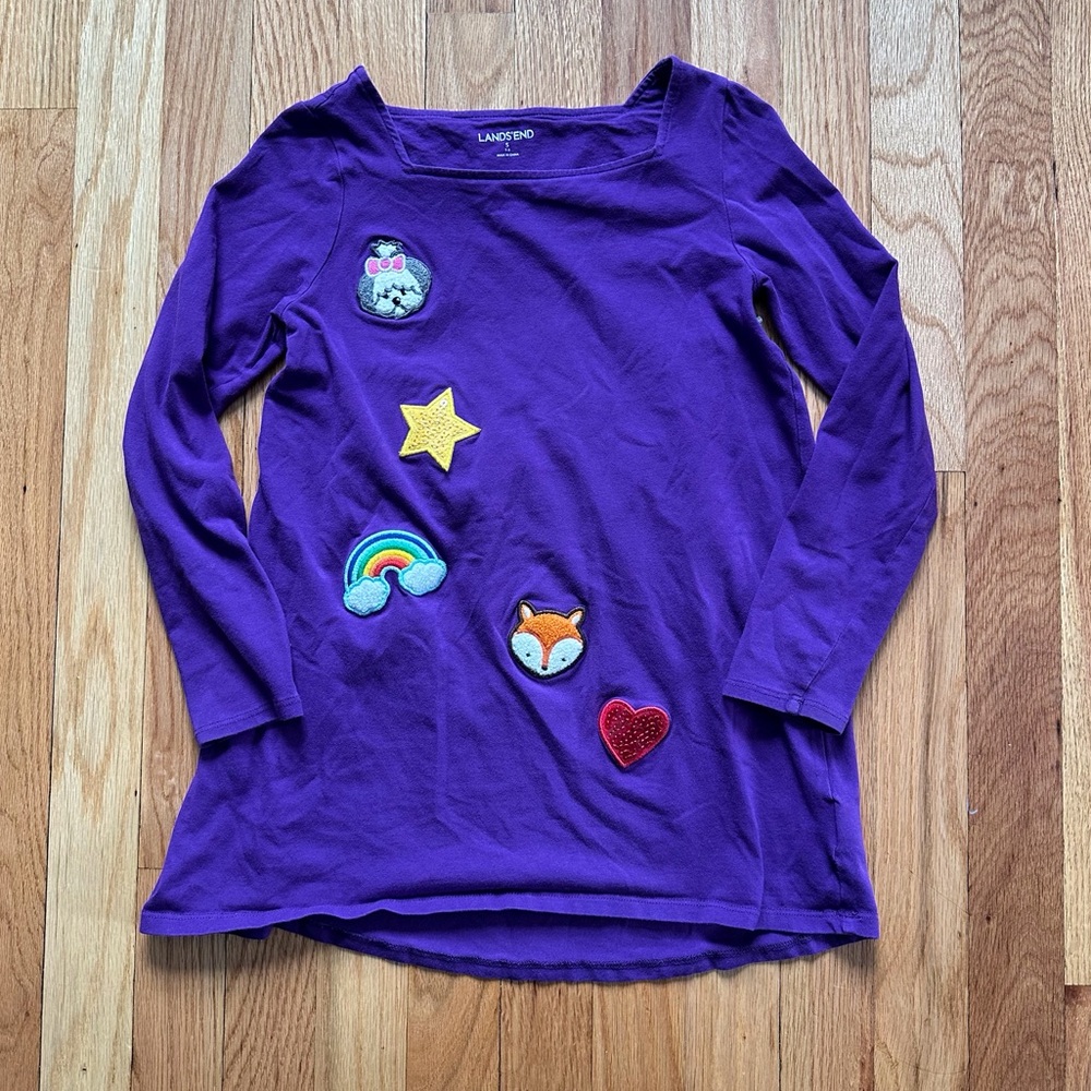 Lands' End Kids Purple Long Sleeve Tunic Tee with Fun Patches size small